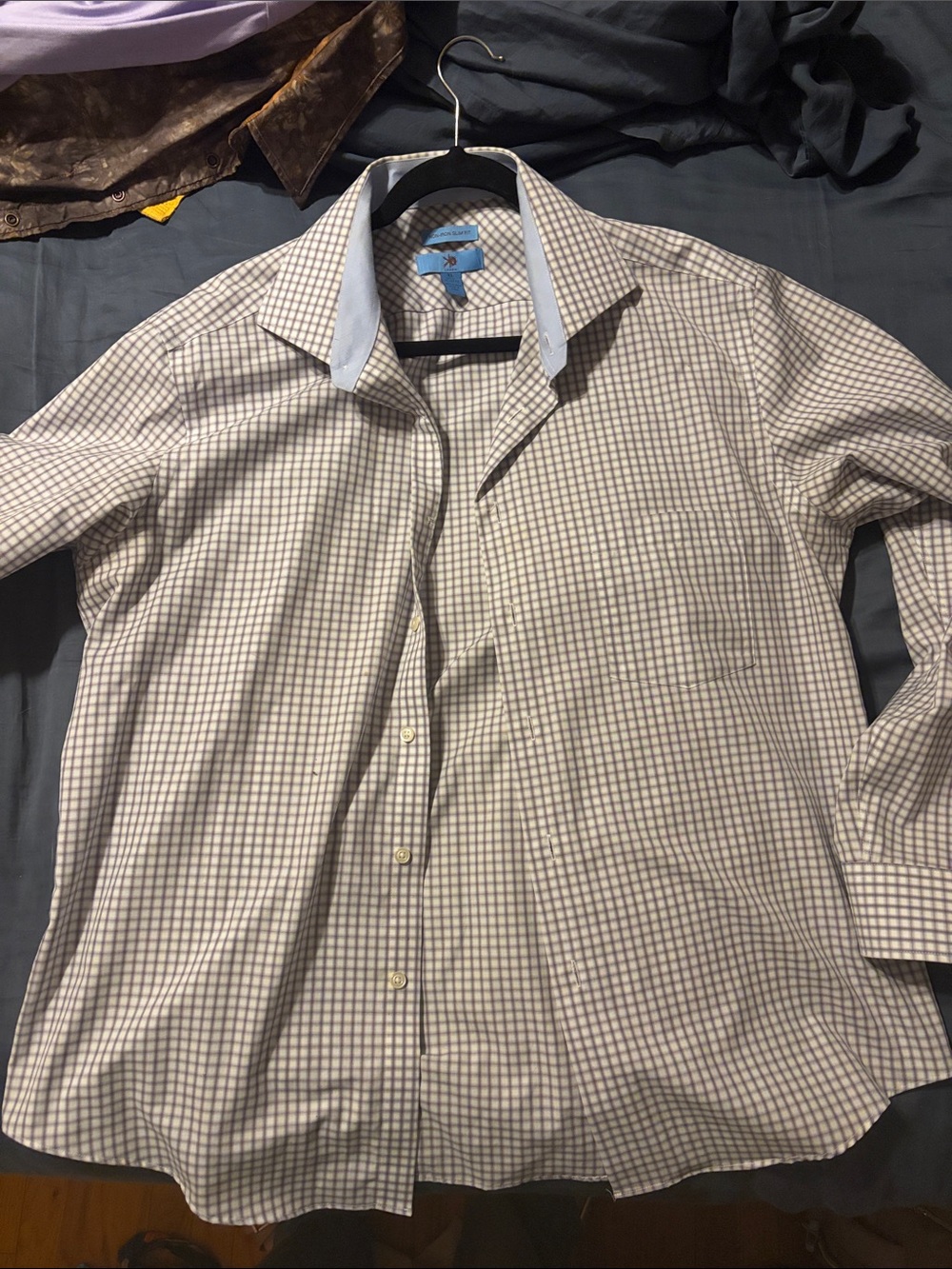 Egara White and Blue Windowpane Dress Shirt with Light Blue Contrast Collar